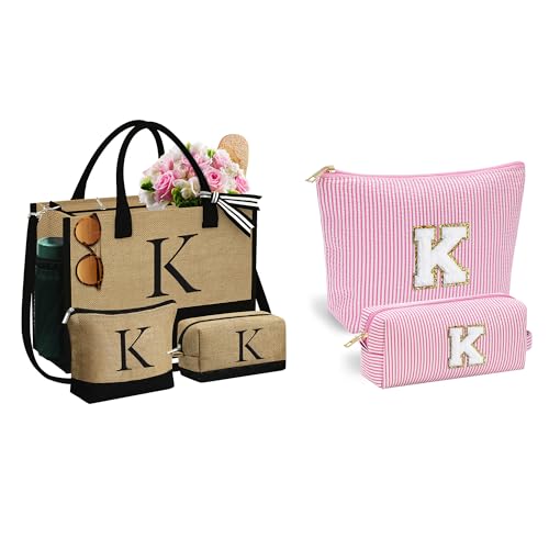 YOOLIFE 3 Pcs Initial Jute Tote Bag & 2 Pcs Initial Makeup Bag Personalized Gifts for Women Teen Girls