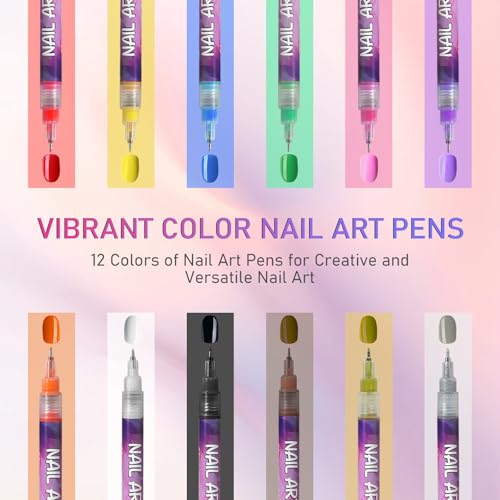 12 Color Nail Art Pens Set - Graffiti Dotting Pen + Painting Liner Brush, All-in-One Nail Polish Art Kit for DIY Manicure & Beauty Adorn Drawing Tools