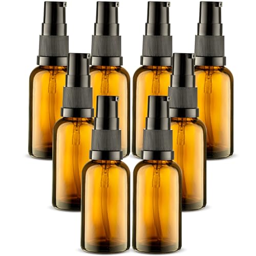 8 Pack Empty Refillable Glass Amber Pump Bottle Ideal for Lotion Cream Essential Oil Travel Small Container, 30ml