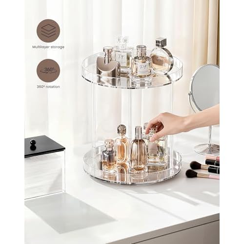 Lolalet 360 Degree Rotating Acrylic Perfume Organizer Stand, 2 Tiers Clear Perfumes Holder Display Rack, Makeup Skincare Organization for Vanity Bathroom Countertop -Large, Clear
