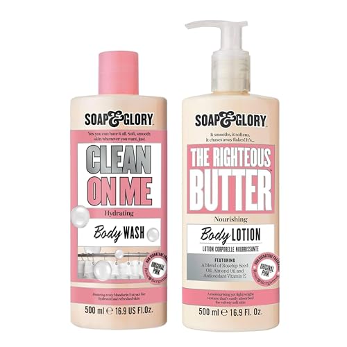 Soap & Glory Original Pink The Righteous Butter Moisturizing Body Lotion Pump (500ml) and Clean On Me Moisturizing Body Wash (500ml) - Unisex Rose & Bergamot Scented Cleanser & Lotion for Dry Skin