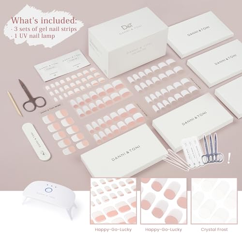 DANNI & TONI Gel Nail Kit Semi-Cured Gel Nail Strips Classic French Mani-Pedi Kit (3 Sets with UV Lamp Included)|Happy-Go-Lucky(Mani/Pedi)+Crystal Frost