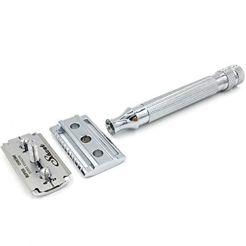Parker 91R Heavyweight Long Handle Safety Razor ? Classic 3-Piece Double Edge Razor for Smooth, Close Shaves ? Brass Frame with Textured Chrome Finish ? Compatible with All DE Razor Blades