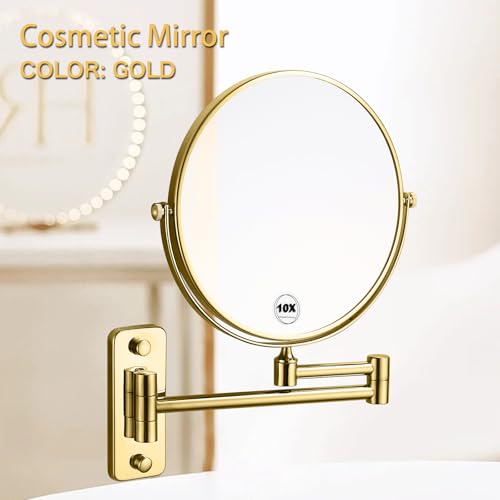 Gold 1x10x Double Sided Magnifying Bathroom Makeup Mirror 360 Degree Swivel Mirror Adjustable Telescopic Arm Wall Mount 8 Inch Non-Illuminated Beauty Mirror Shaving Mirror£¨Square Base£©