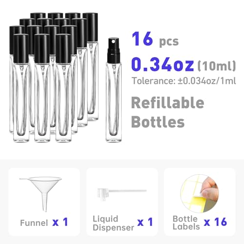 Travel Perfume Bottle Refillable, 16pcs 10ML Mini Glass Perfume Containers with Funnel and Label, Empty Portable Leak-proof Fragrance Bottles Spray Atomizer Pump Bottle Kit for Toiletries