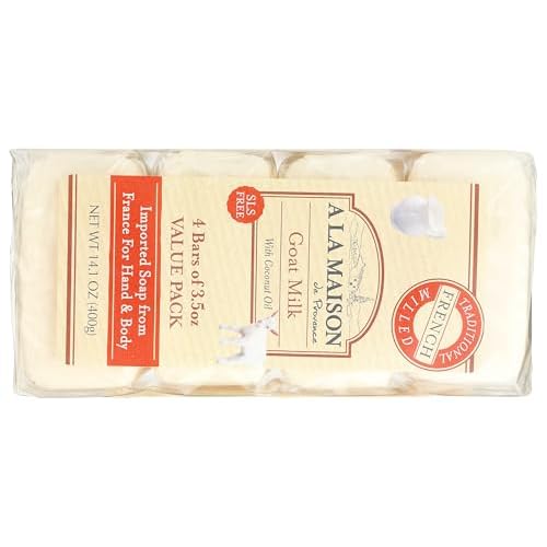 A LA MAISON Goat Milk Bar Soap - Triple French Milled Natural Moisturizing Hand Soap Bar (4 Bars of Soap, 3.5 oz)