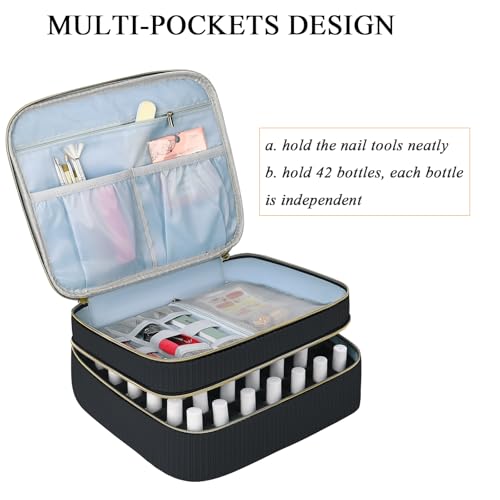 Double-Layer Nail Polish Organizer-Holds 42 Bottles, Nail Polish Storage with Handle, Nail Bag Organizer Case for Professional Manicure Kit & Travel (Black, 42 Bottles-Small)