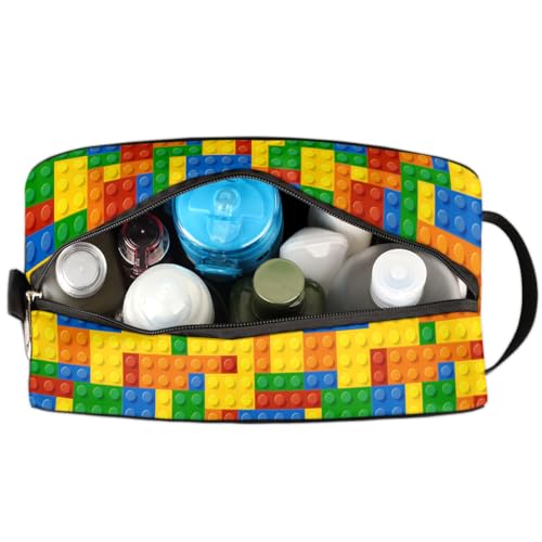 Kids Travel Toiletry Bag - Colorful Building Blocks Waterproof Hanging Cosmetic Hygiene Bags for Boys Men - Large Shave Kit for Toiletries Accessories Bathroom Stuff