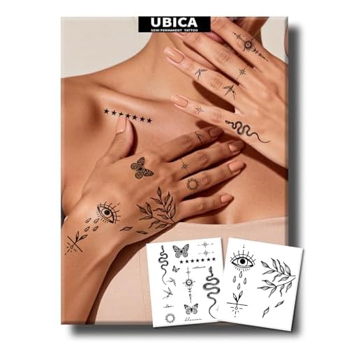 Semi Permanent Tattoos, 2 Sheets Realistic Small Temporary Fake Tattoo for Women Fingers Hand Calf, Waterproof No Reflective, Lasts 1-2 Weeks (Evil Eye Leaf Snake Butterfly Star Mix)
