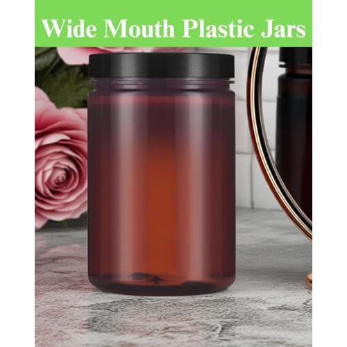 (6 pack) 25 oz Large Amber PET Plastic Refillable Jar with Black Smooth Foam Lined Lid