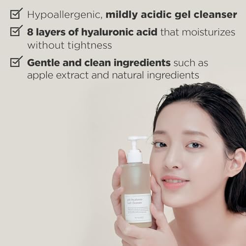 HYGGEE pH Hyaluron Gel Cleanser - Hyaluronic Acid Hydrating Face Wash - pH Balancing Formula for All Skin Types - Hypoallergenic Mild Makeup Cleansing Gel (6.76 fl.oz.)