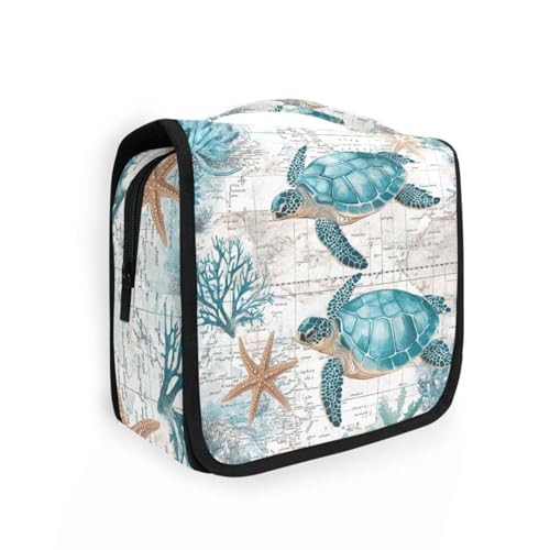 Hanging Toiletry Bag for Women Retro Sea Turtle Makeup Bag Travel Essentials Toiletries Organizer Bag Nautical Theme Map Cosmetic Bag Foldable