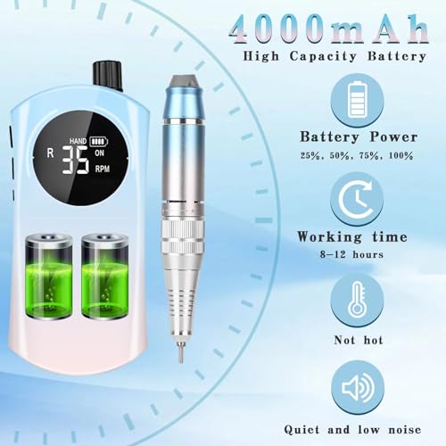 New 2024 Nail Drill Kit - Professional Electric Nail File Machine, 35000 RPM Cordless Rechargeable Nail File with Multiple Drill Bits for Acrylic Nails£¬Salon and Home Use (Gradient Blue)