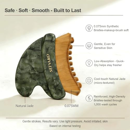 Lymphatic Contour Face Brush, Dual-Ended Dry Brush + Cool-Touch Jade Gua Sha Edge, 0.075mm Ultra-Soft Bristles Gua Sha Facial Tools, for Lymphatic Drainage, Less Puffy Look, Sculpt & Relax