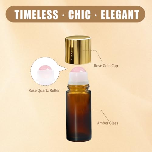 5 Pack Rose Quartz Roller Bottles for Essential Oils, 50ml Refillable Amber Glass Roll On Bottles with Natural Crystal Roller Balls, Leak-Proof Travel Perfume Bottle with Gold Caps
