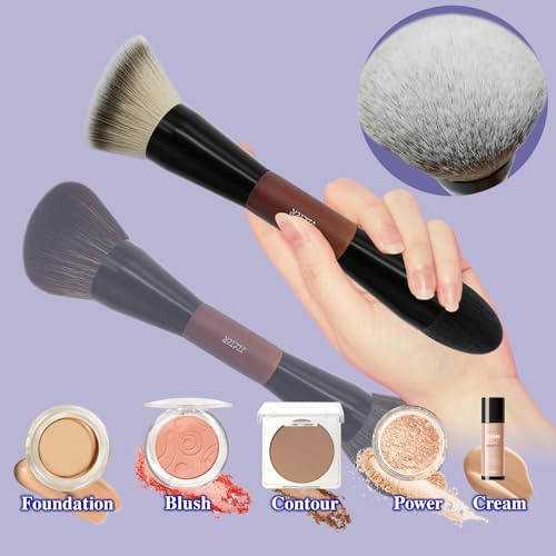 Double Ended Foundation Brush & Blending Brush for Makeup, Soft, Dense Bristles for Sensitive Skin, Duo Blush Brush for Liquid, Powder, Cream, Blending, Buffing?Travel-Friendly, Kabuki Makeup Brushes