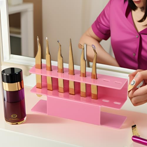 8 Holes Acrylic Tweezers Holder, Tweezers Stand Display Organizer for Eyelash Extension Supplies (Pink 8 Holes)
