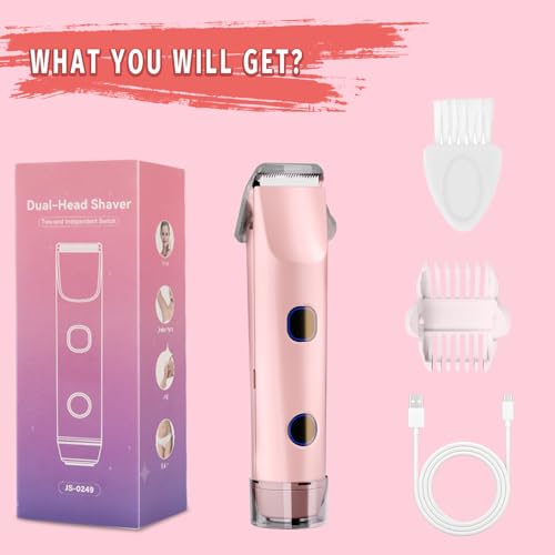 2-in-1 Bikini Trimmer for Women, Bikini Shaver with Dual Heads, Body and Facial Hair Removal, Cordless Rechargeable Electric Razors for Face Chin Pubic Underarm Legs, IPX7 Waterproof, Pink