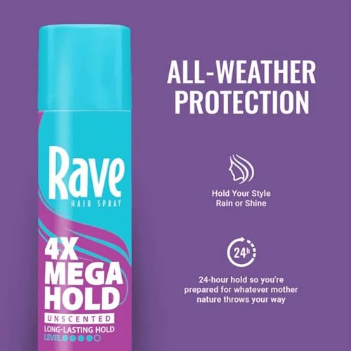 Rave 4X Mega Unscented Aerosol Hairspray - Hair Spray for High Humidity Weather - 24-Hour Lasting Hold - Vitamin-Enhanced Hair Volume Spray - 2 pc