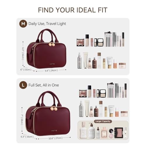Prite Travel Makeup Bag Women¡¯s Large Capacity Waterproof Cosmetic Organizer Portable Open Flat Toiletry Case with Free-standing Brush Holder and Handle(Burgundy Large)