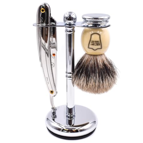 Parker Deluxe Chrome STRAIGHT RAZOR & SHAVE BRUSH Stand ? Heavyweight Chrome-Plated Holder with Non-Slip Rubber Base ? Fits Straight, Barber Razors & 20?25 mm Shaving Brushes ? Wet Shaving Organizer