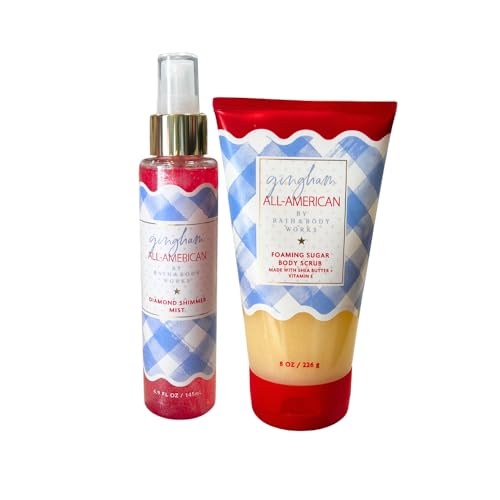 Bath & Body Works GINGHAM ALL-AMERICAN Foaming Body Scrub & Diamond Shimmer Mist 2pc Gift Set with a Blue-Ribbon Bow ? Festive Full-Size Duo for Holidays