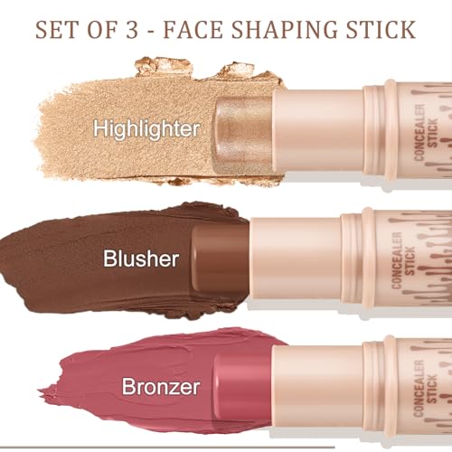 Boobeen 3 Pcs Contour & Highlighter & Blush Stick, Contour Beauty Kit, Creamy Smooth Contouring Stick, Natural Highlighting Stick, Waterproof and Long Lasting Makeup