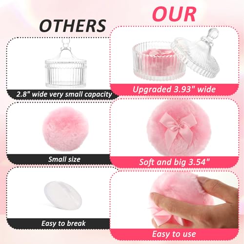 6 PCS Large Body Powder Puff and Container, 2 Pack 5.3" Body Powder Container with 4 Powder Puff,Washable Large Body Powder Puff Dish,Powder Puff Crystal Container,Soft Velour Face Body Powder Puff