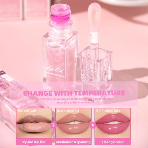 Moisturizing Nourishing Color Changing Lip Oil, Hydrating Lip Glow Oil£¬Upgraded Big Brush Head Warm Change Lip Gloss, Long Lasting Nourishing Plumping, Non-Sticky For Dry Lips (Pink, 0.23oz)
