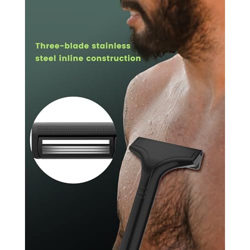 Back Shaver for Men, Manual Body Hair Trimmer with 4 Replaceable Wide Blades, Extendable Long Handle, 180¡Æ Adjustable Arm, Wet & Dry Use