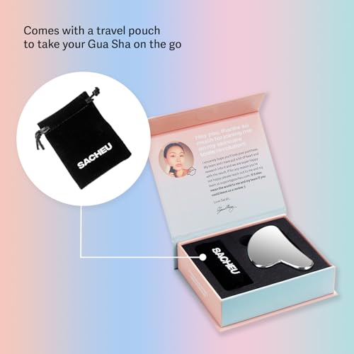Sacheu Gua Sha Facial Tools Muscle Scraper ? Face Gua Sha for Enhanced Lymphatic Drainage, Reduced Puffiness and Relieved Facial Tension, Metal Face Sculpting Tool with Travel Pouch