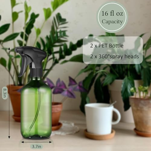 Honeydak 2 Pcs 360¡Æ Spray Bottle, 16 Oz/ 500 ml Plastic Upside Down Spray Bottles for Cleaning, Plants, Hair Water, with Nozzle W/fine Mist and Stream Setting(Green)