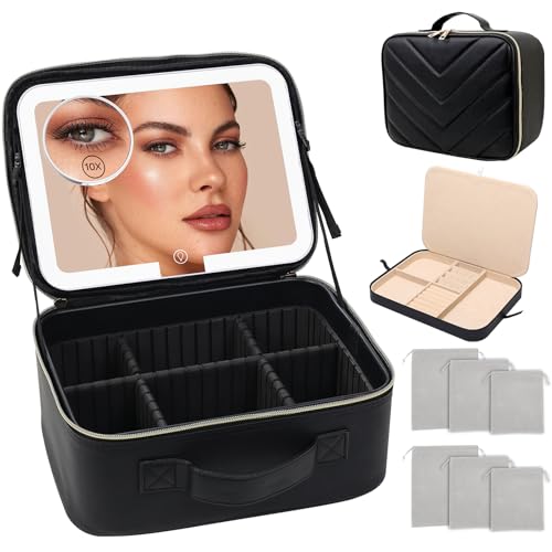 Travel Makeup Bag with LED Mirror, Large 12 Inch Cosmetic Train Case with Jewelry Organizer, 10X Magnifying Mirror, Adjustable Dividers for Cosmetics Makeup Brushes Toiletry, Includes 6 Velvet Pouches