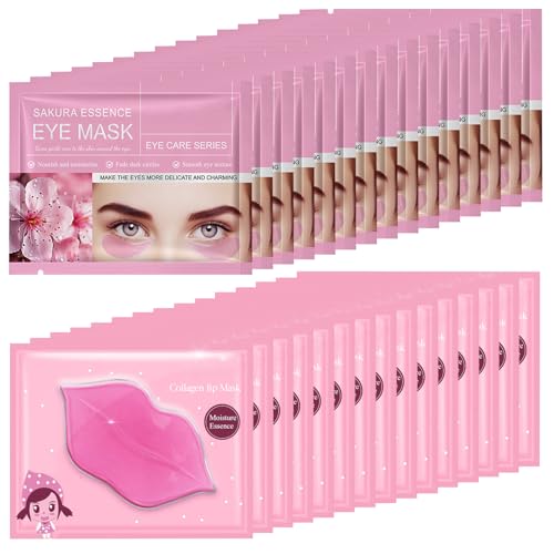 30 Pairs Lip Mask Under Eye Masks Patches, Crystal Collagen Hydrating Moisturizing Smoothing Lips Gel Pads for Puffy Eyes Bags,Dark Circles,Puffiness,Fine Lines,Wrinkles,Anti-Aging Sakura