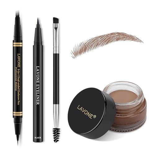 LAVONE Eyebrow Makeup Kit, with 4 Tip Waterproof Microblading Eyebrow Pencil, Eyeliner, Eyebrow Pomade and Dual-ended Eyebrow Brush - Ash Brown 02