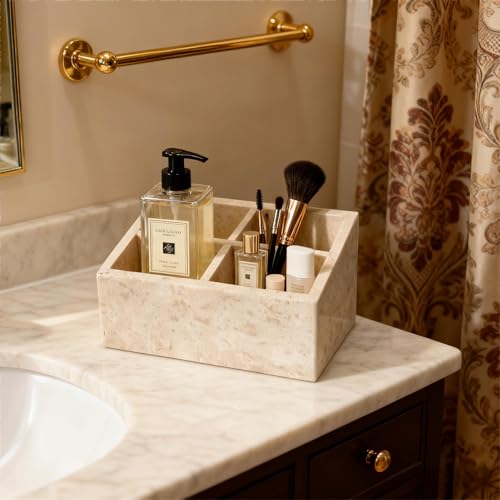 Marble Desk Organizer with 3 Compartments Perfume Organizer & Makeup Brush Holder Toothbrush Holder and Bathroom Counter Organizer White Purple Pattern Modern Design (Beige)