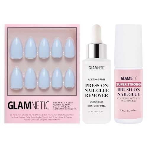 Glamnetic Blueberry Milk Press-On Nails - 30 Count, Super Strong Brush On Nail Glue & Gentle Remover, Opaque Light Blue Short Almond Nails