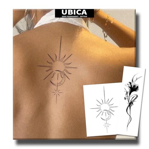 Semi Permanent Tattoos, 2 Sheets Temporary Tattoo(Sun and Moon, Flower), Lasts 7-15 Days Eclipse Tattoo, Develops Fully in 48H, Realistic, Waterproof and Non-Reflective, for Spine, Arm
