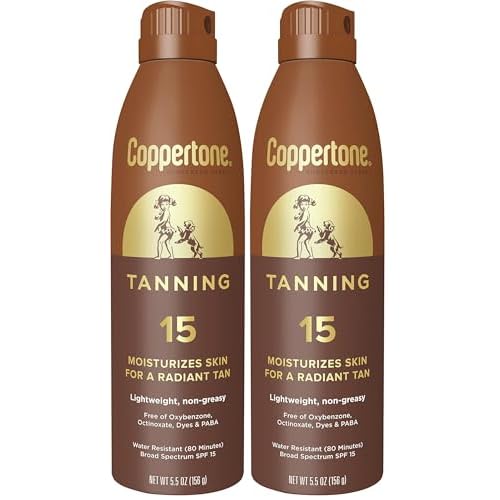 Coppertone Tanning Sunscreen Spray with Broad Spectrum SPF 15, Water Resistant Spray Sunscreen, Lightweight and Non-Greasy, 5.5 Oz (Pack of 2)