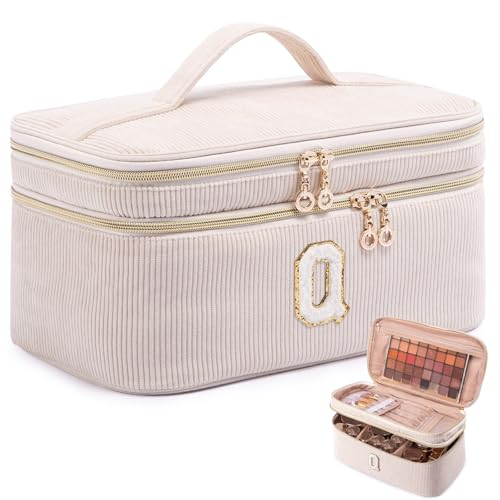 AMOIGEE Initial Makeup Bag Organizer,Personalized Double Layer Train Case, Travel Toiletry Bag for Makeup Brushes for Teens Girl, Skincare Gift Set, Initial Cute Cosmetic Make Up Bag for Women