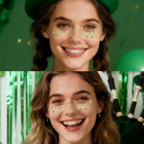 Green Leaves Glitter Freckles Temporary Tattoos for Women Green Shamrock Tattoos for Face for Saint Patrick's Day Outfit St Patricks Day Face Stickers - 6 Pack