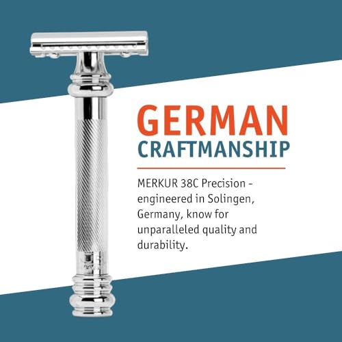 MERKUR 38C Double Edge Safety Razor - Bright Chrome, Extra Large Barber Pole Grip Brass Handle, Made in Germany, Plastic-Free, Two Piece Design, Closed Comb, Straight Bar