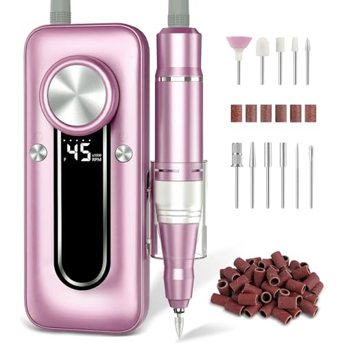 Nail Drill Electric Nail File Kit 45000 RPM Professional Efile Nail Set,Cordless Portable Rechargeable Acrylic Gel Nail Polish Remover Machine Pedicure Manicure Tool with 11 Bits for Salon Home