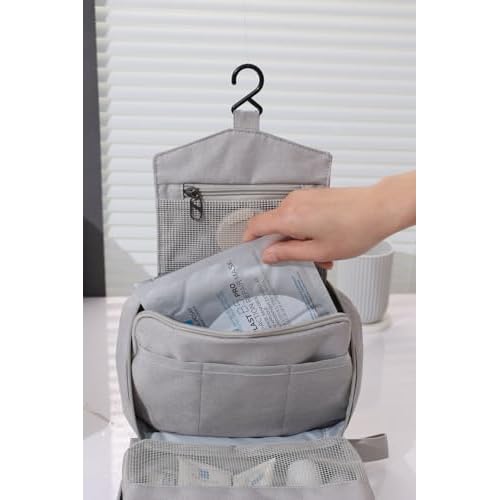 FabDay Travel Toiletry Bag with Hanging Hook Water-Resistant Cosmetic Case Makeup Bag Portable, Travel-Sized Container for Men, Silver Gray