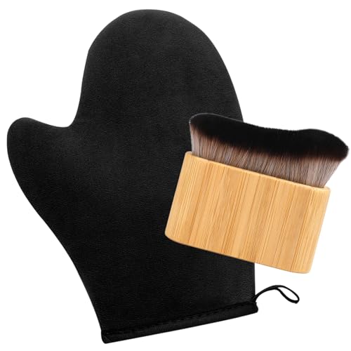 Self Tanning Mitt and Kabuki Brush 2 in 1 Set Double Sided Velvet Glove with Non Slip Grip and Ergonomic Applicator for Streak Free Sunless Tan Body Face