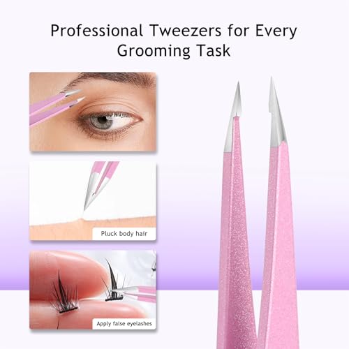 SHILING Professional Precision Tweezers, Stainless Steel Pointed Tip, 0.1mm Ultra-Thin, Pink, Eyebrow and Facial Hair Removal, personal care and makeup tools