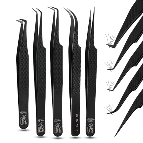 Fiber Tip Lash Tweezers Set for Eyelash Extensions ? Curved Classic, Mega 90 Degree Boot, 45 Degree Angle & Isolation Tweezer, Stainless Steel Precision, Non Slip Professional Application Kit