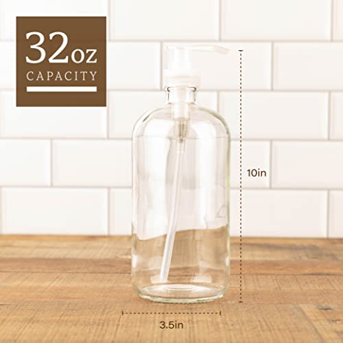 32-Ounce Large Clear Glass Boston Round Bottles w/Natural Color Pumps. Great for Lotions, Soaps,Oils, Sauces - Food Safe and Medical Grade - by kitchentoolz (Pack of 2)