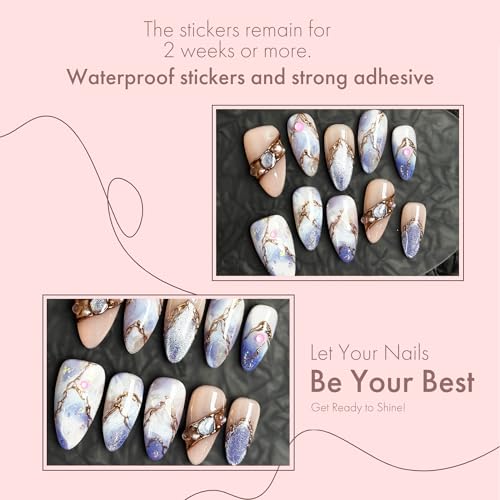 Cosmic Veins 10pcs Press On Nails Long, Blue Purple Marble Glossy Fake Nails with Gem & Golden Veins, Artistic Acrylic/UV Gel Luxury Press-On Nails Set for Women (Multicolor, S)