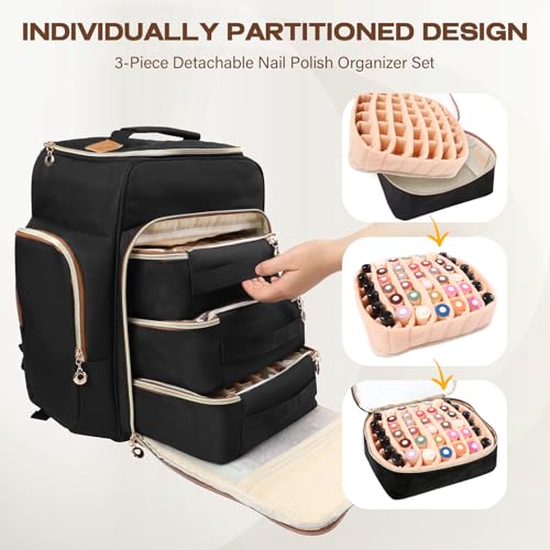Nail Polish Organizer Backpack Holds 126 Bottles & Nail Lamp, Extra Large Nail Organizers and Storage Case with 3 Removable Pouches, Portable Nail Bag for Tech & Travel